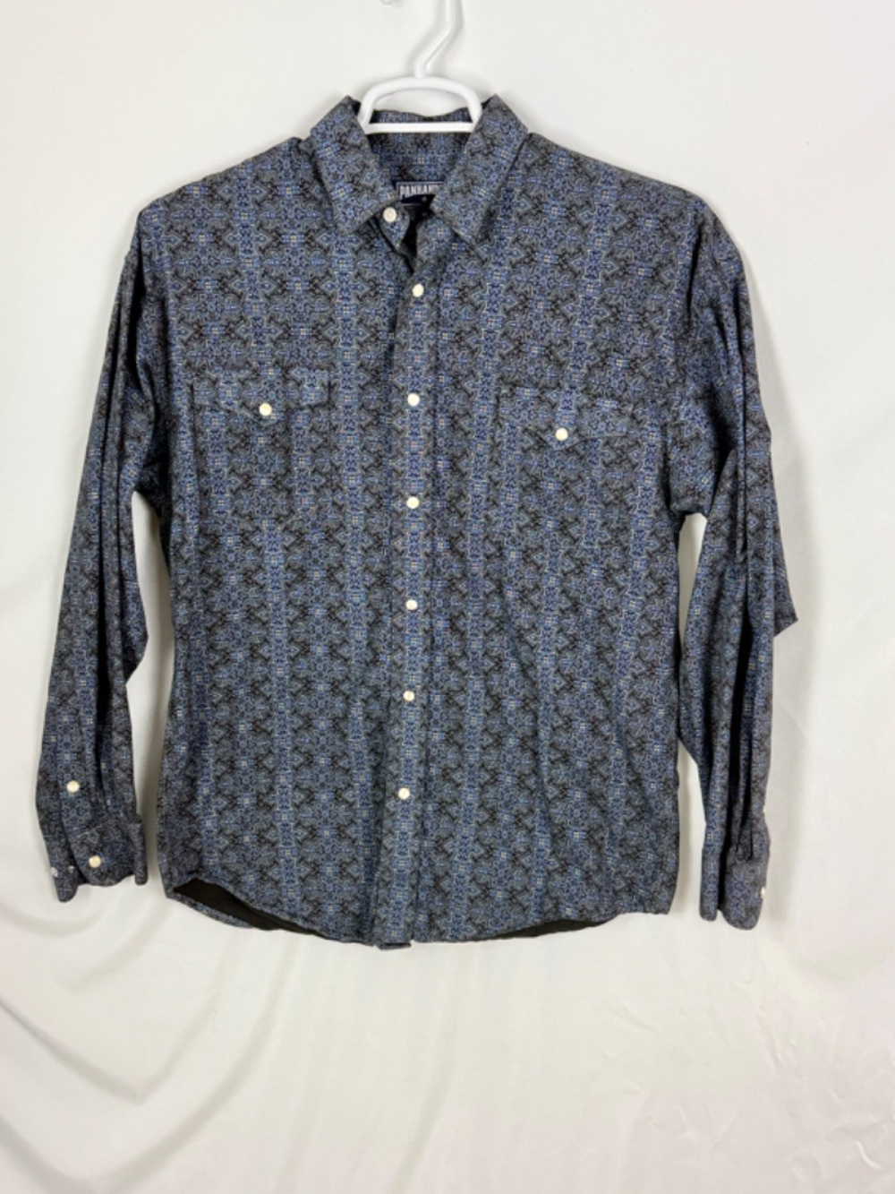 Panhandle Fort Worth Cowboy Shirt M Pearl Snaps Blue Black Long Sleeve Excellent